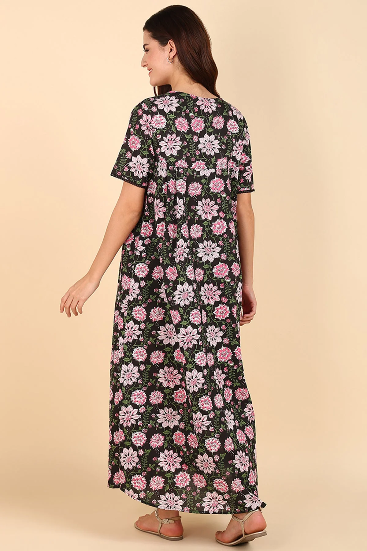 Black Floral Printed 100% Soft Cotton Zipless Maternity Maxi - Image 9