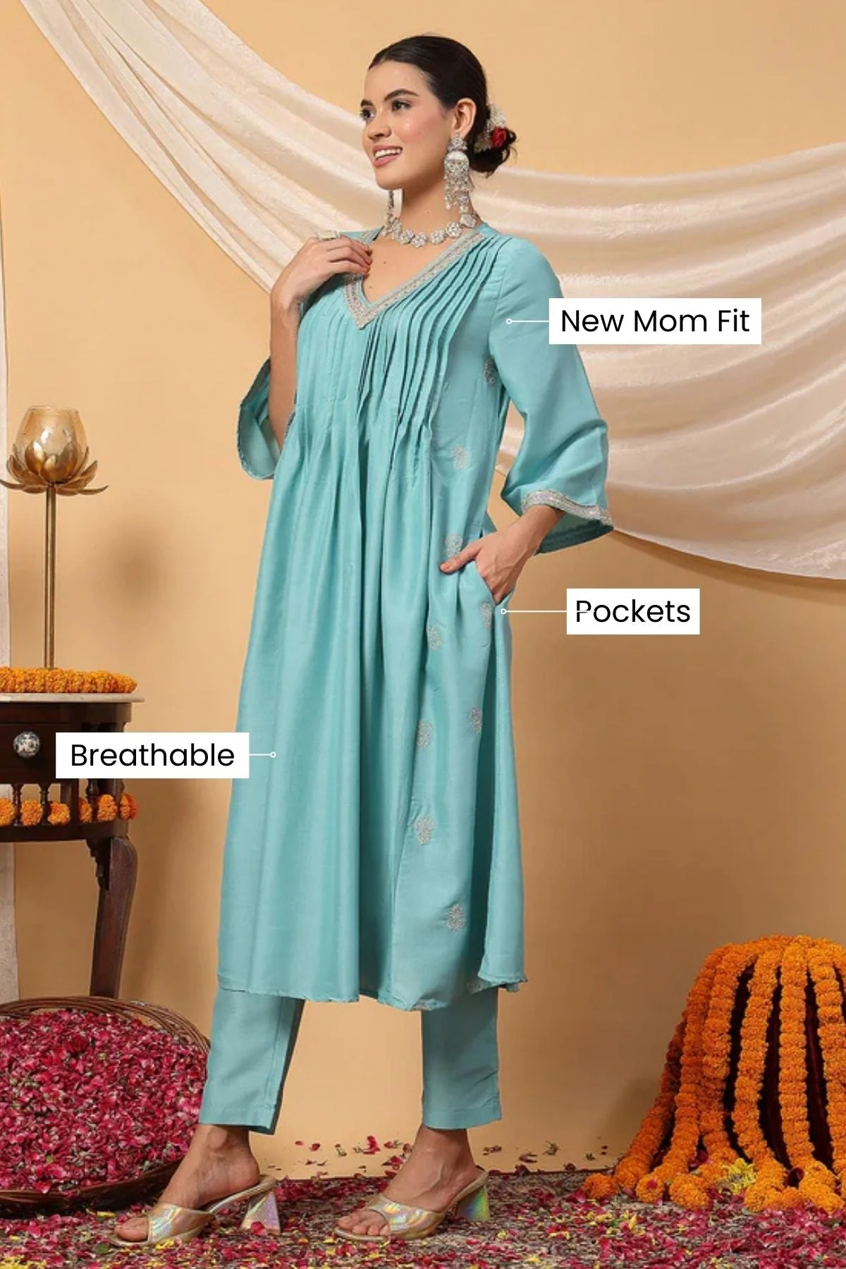 Elegant Turquoise Festive Glow Maternity Feeding Suit Set - Image 16