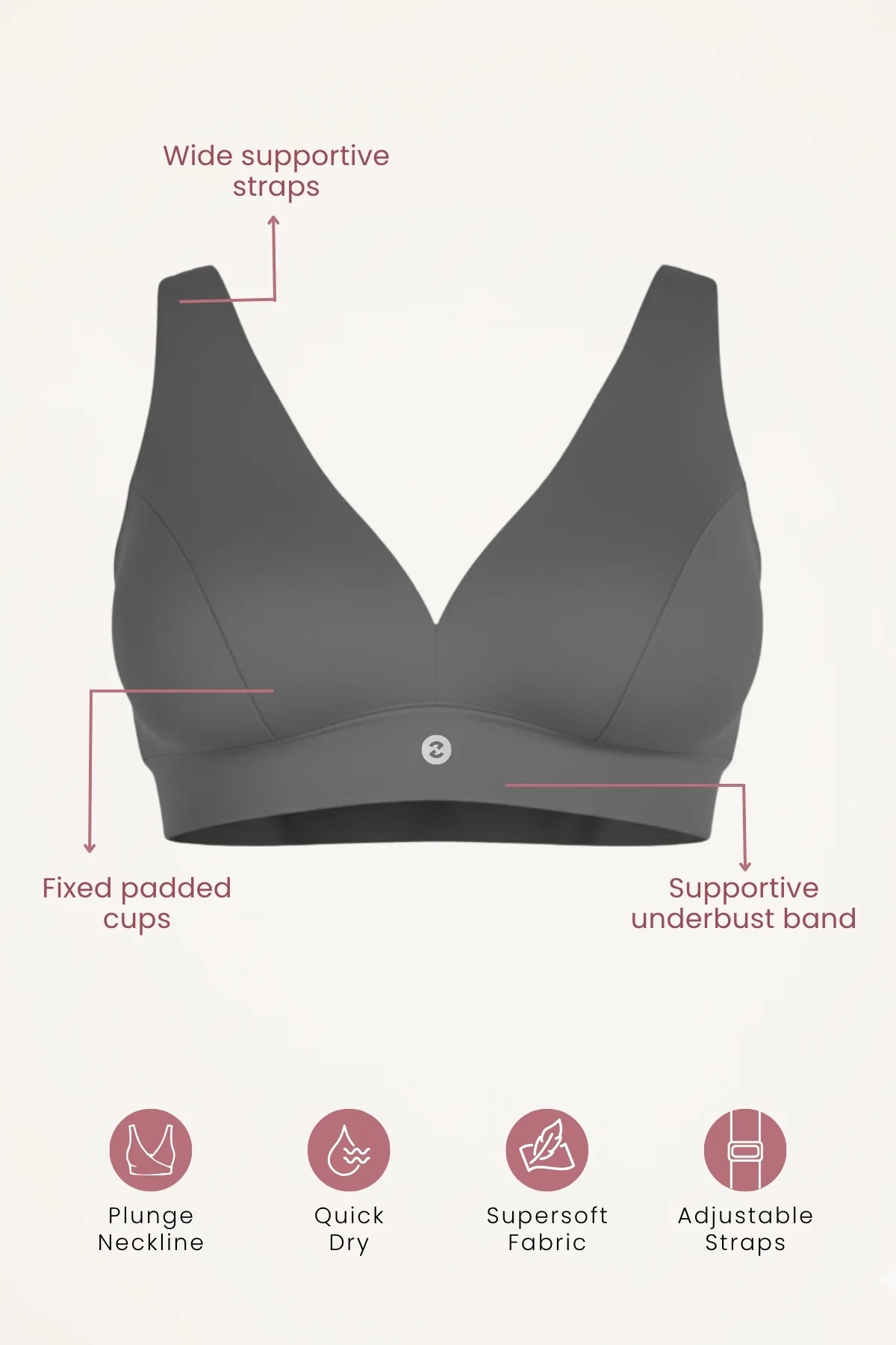 Fixed Padded Modal Maternity Feeding Bra with Support - Steel Grey - Image 2