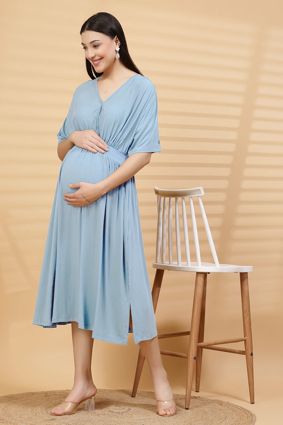 Ice Blue Solid Smocked Waist Zipless Feeding Dress - Image 2