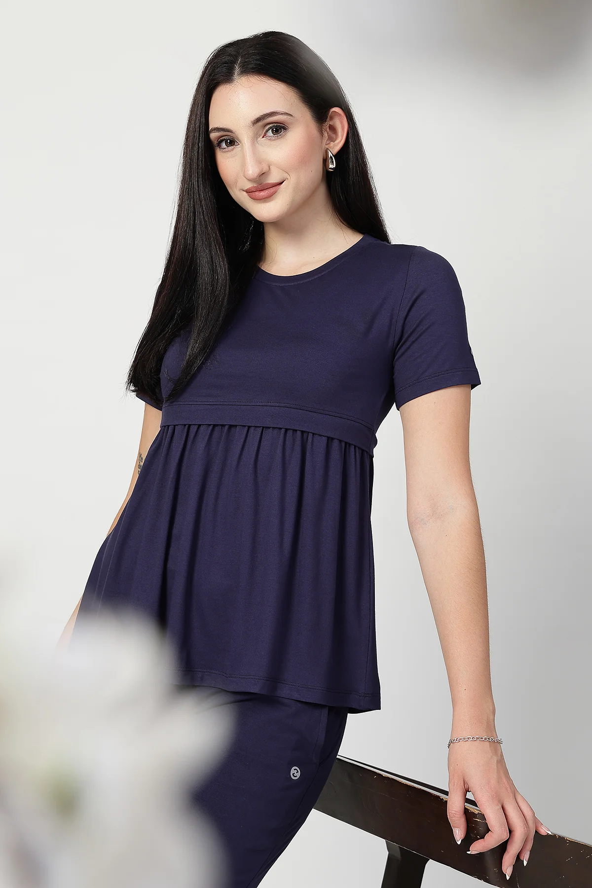 Navy Maternity Zipless Feeding Gathered Top - Image 2