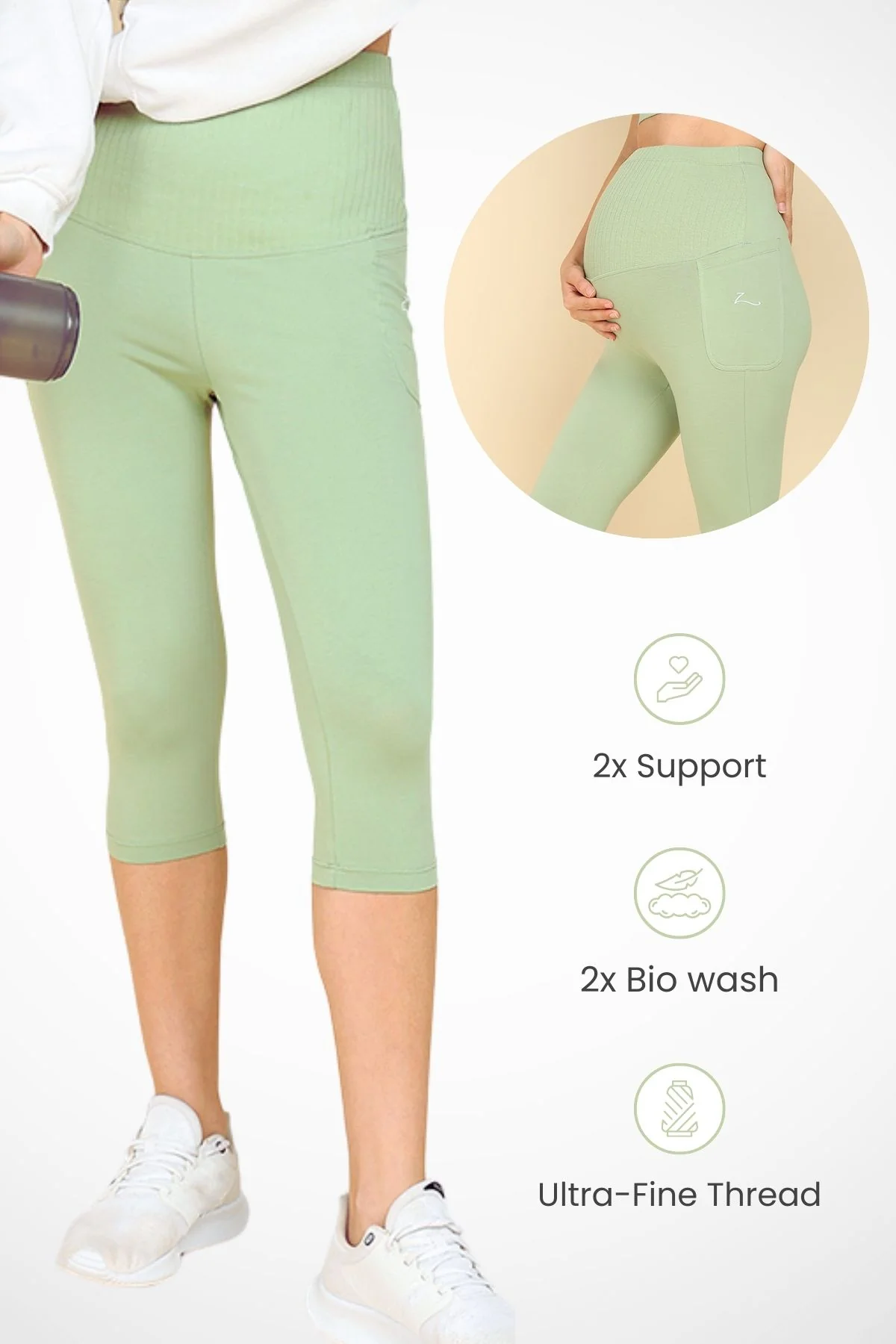 Ribbed Cotton Matcha Green Maternity Capri (Pregnancy & Postpartum) - Image 3